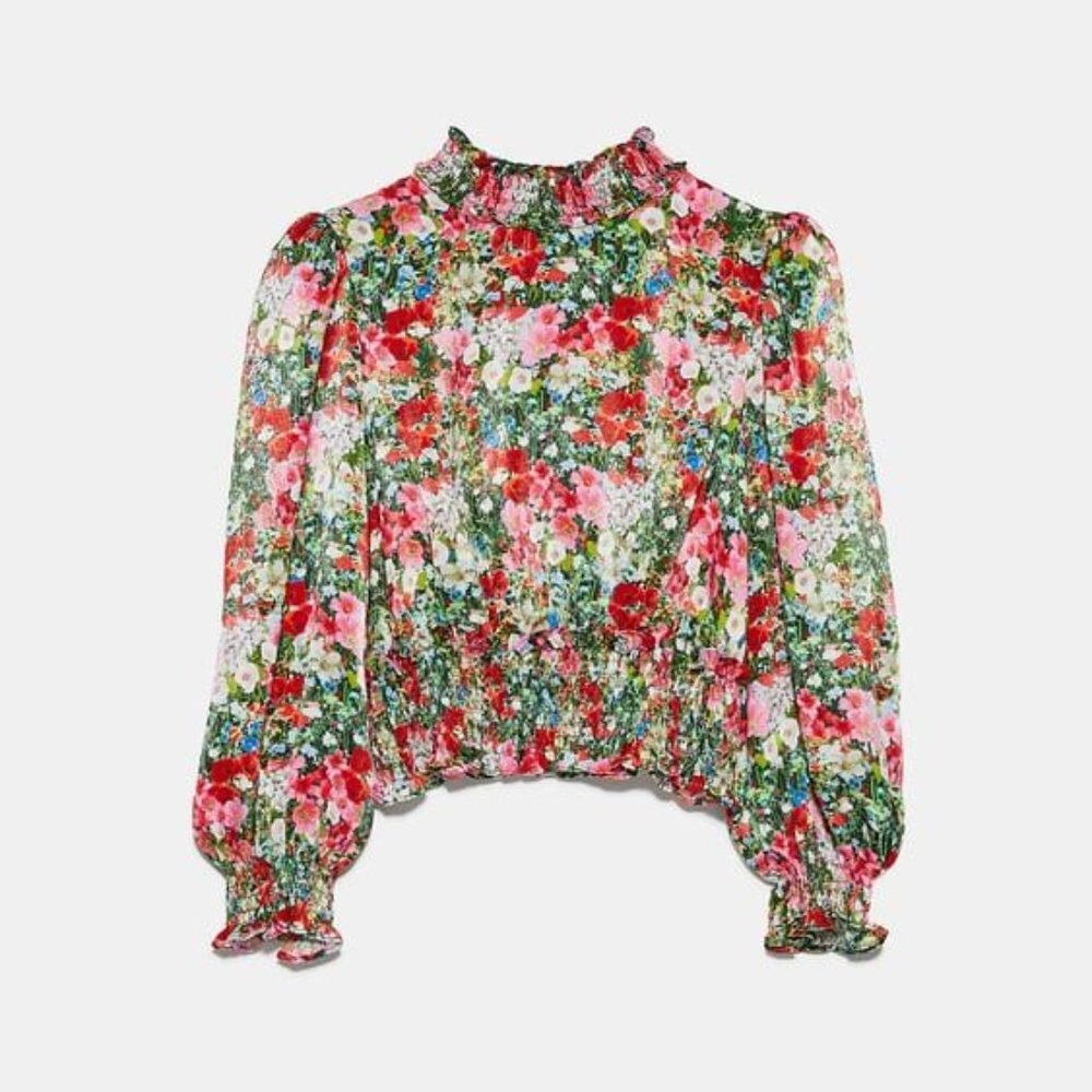 Zara Floral Smocked High-Neck Blouse in Red, Pink, Green
